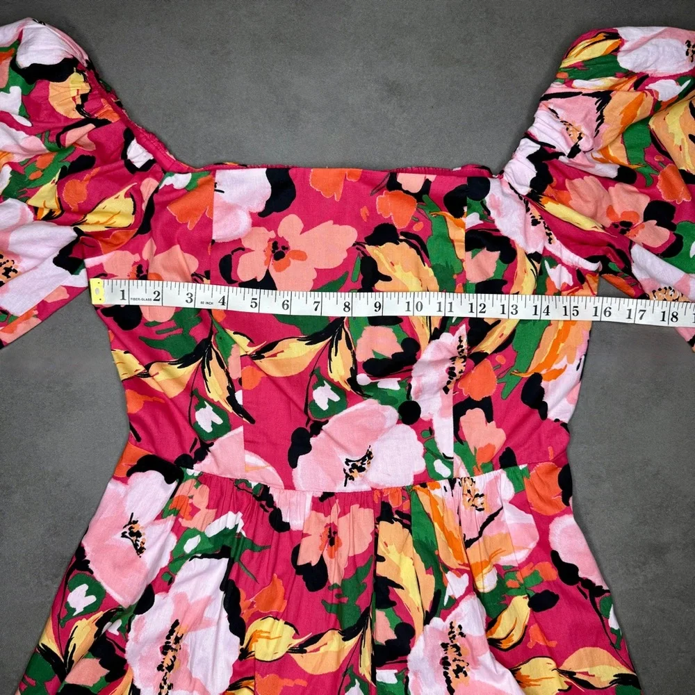 Vince Camuto Pink and Orange Floral Puff Sleeve Tiered‎ Midi Dress - Picture 5 of 7